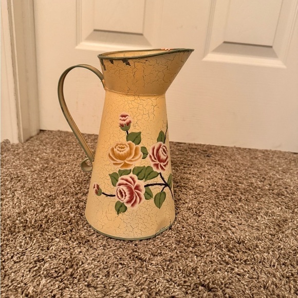 Vintage French Enamel pitcher jug water enameled pink flowers rose - Picture 1 of 6